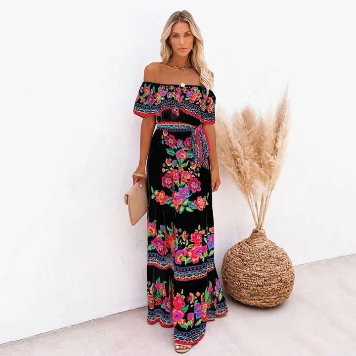 Scarlet Bloom Off-Shoulder Maxi Dress