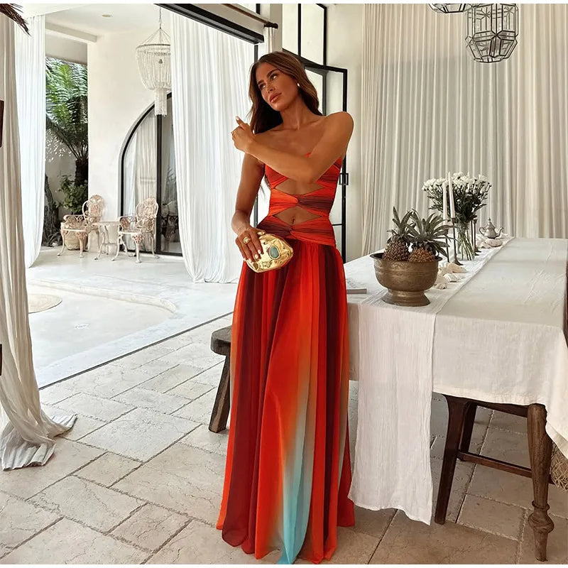 Colorful Cutout Pleated Maxi Dress