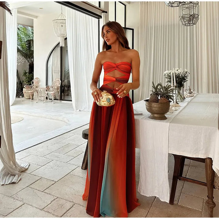 Colorful Cutout Pleated Maxi Dress