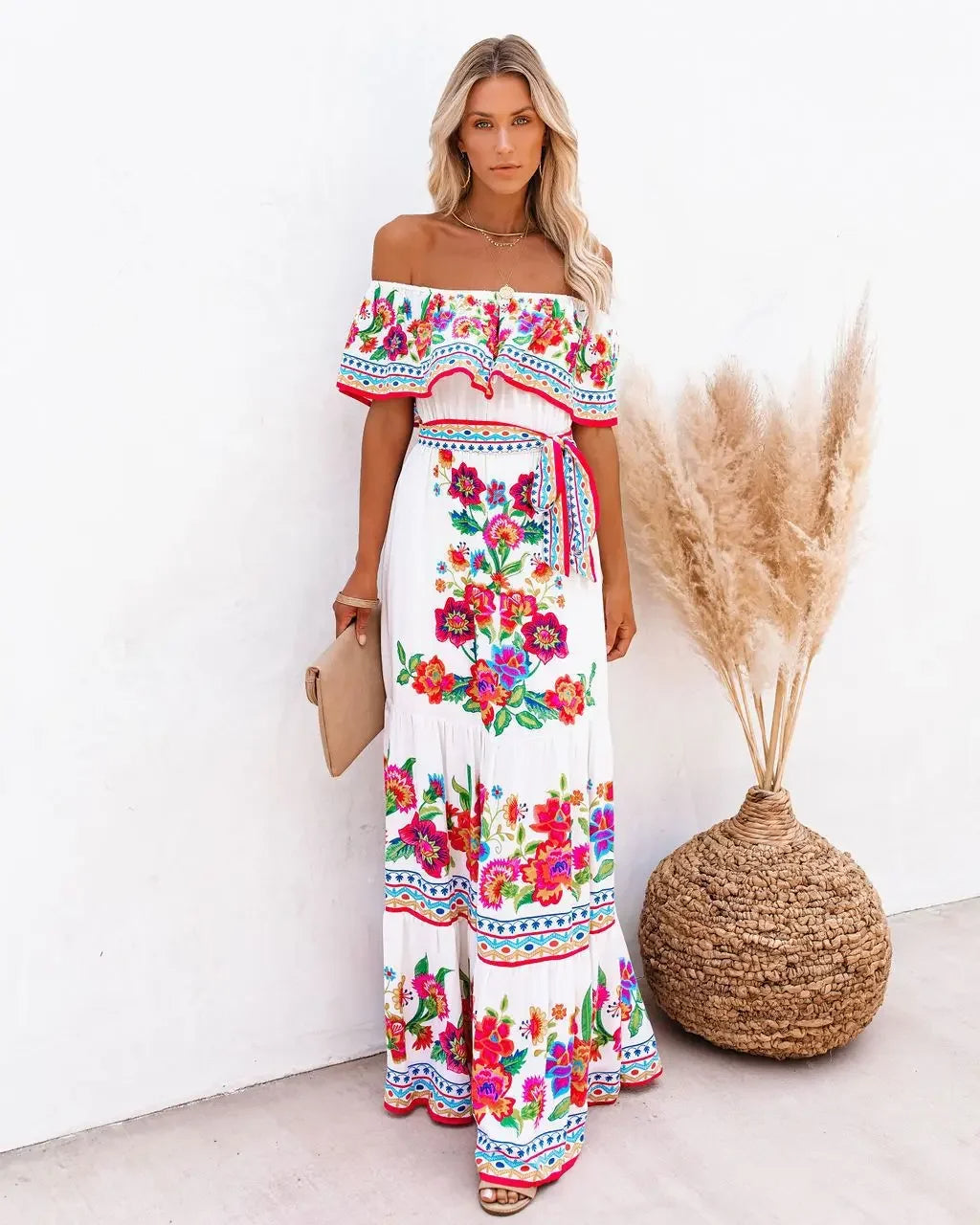 Scarlet Bloom Off-Shoulder Maxi Dress