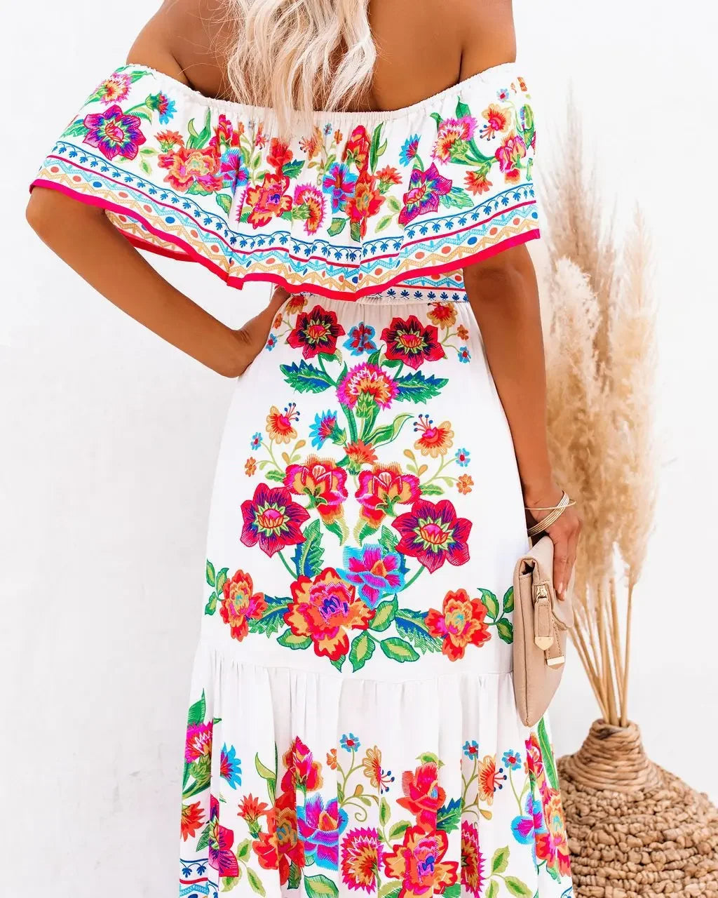 Scarlet Bloom Off-Shoulder Maxi Dress