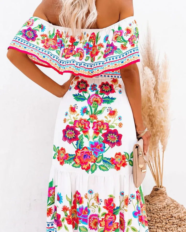 Scarlet Bloom Off-Shoulder Maxi Dress