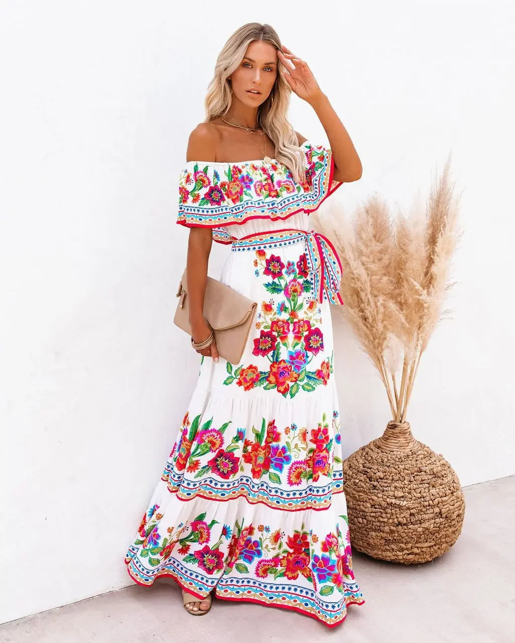 Scarlet Bloom Off-Shoulder Maxi Dress