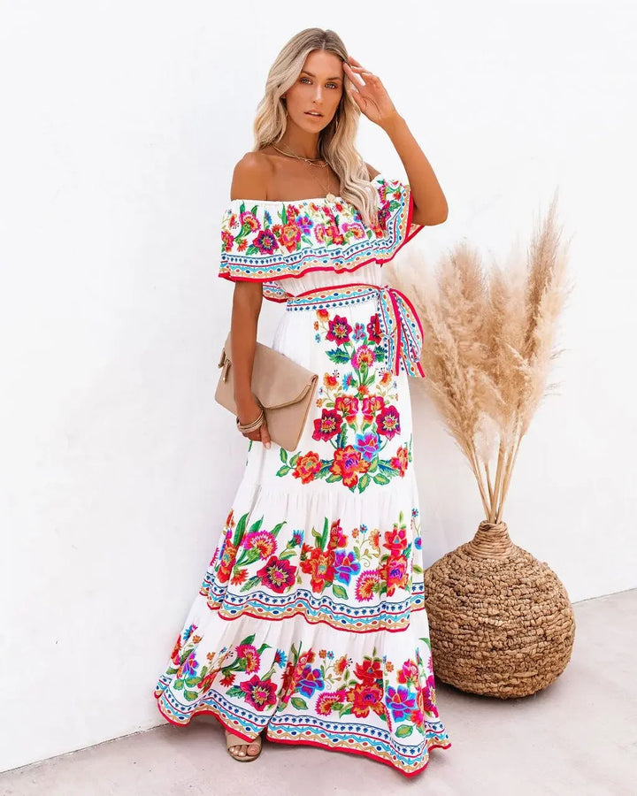 Scarlet Bloom Off-Shoulder Maxi Dress