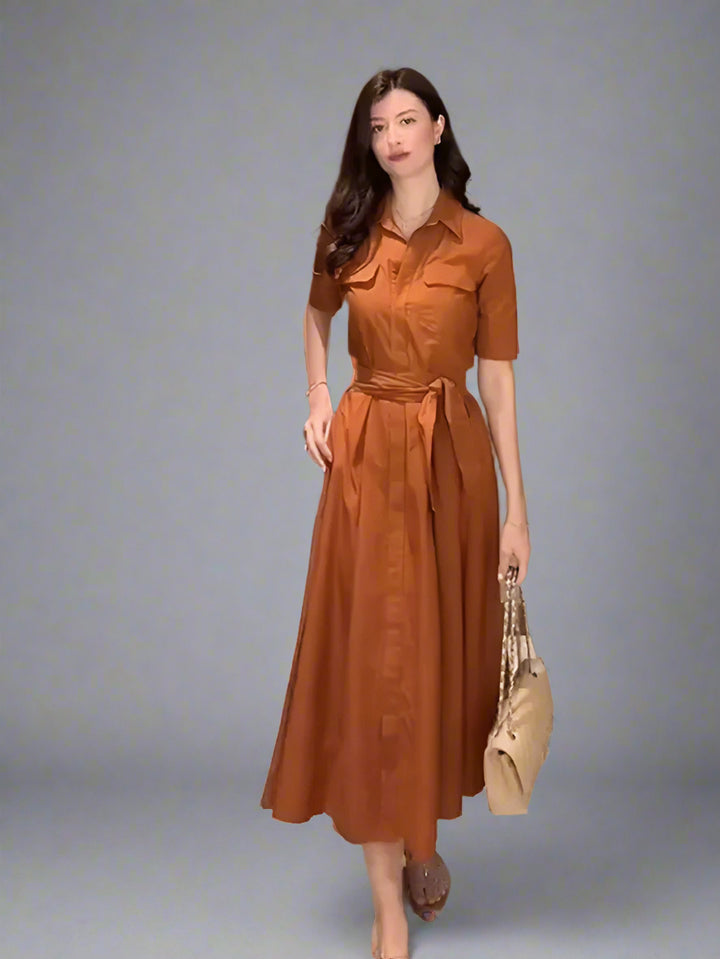 Lunaria™ Sash-Waist Midi Shirt Dress