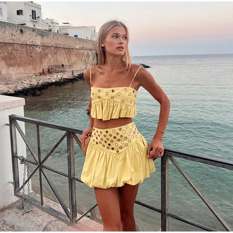 Hollow Pleated Suspender Skirt Suit