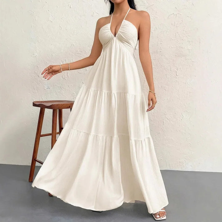 Isla Romance™ – Pleated White Maxi Dress