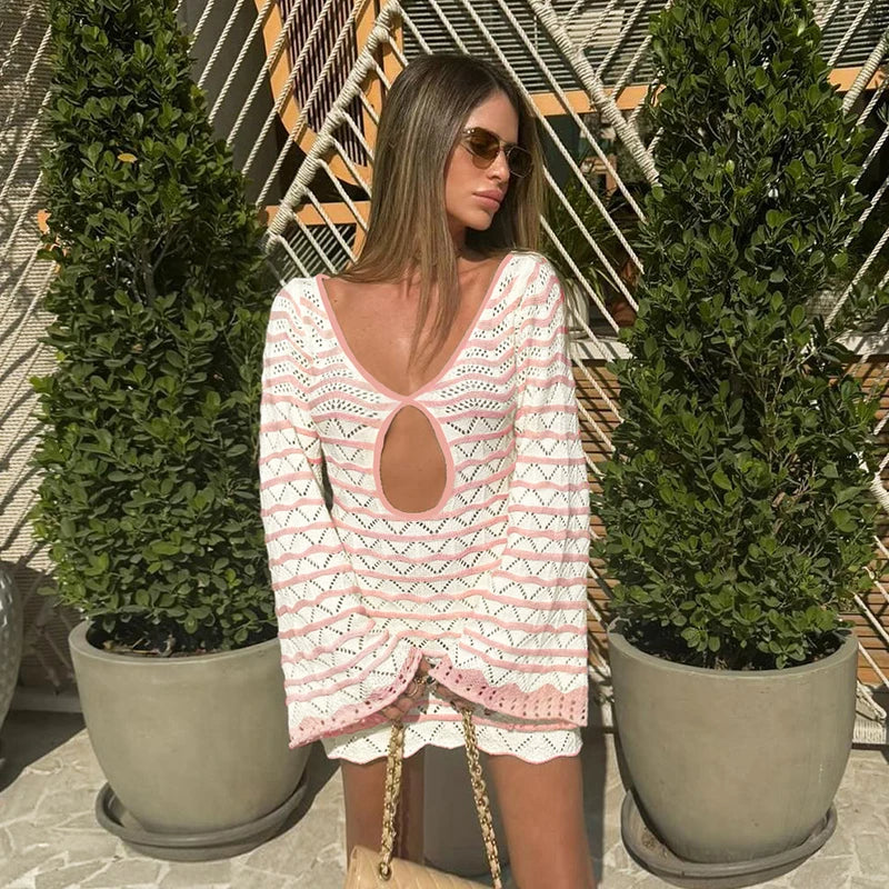Boho Striped Chic V-neck Mini Dress