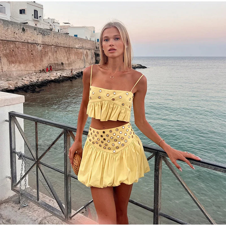Hollow Pleated Suspender Skirt Suit