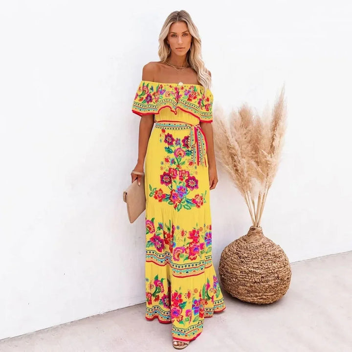 Scarlet Bloom Off-Shoulder Maxi Dress