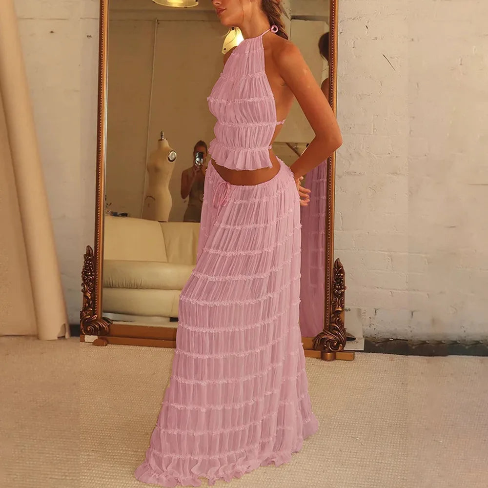 Isla Lace-Up Maxi Set – Elegant Halter Two-Piece