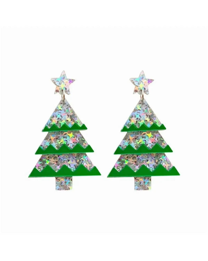 Resin Christmas Tree Christmas Earring in Green & Silver