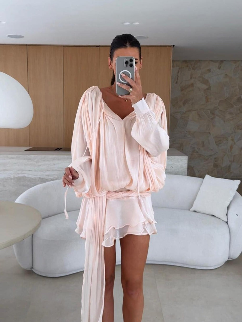 Luna Pleated Lantern Sleeve Mini Dress