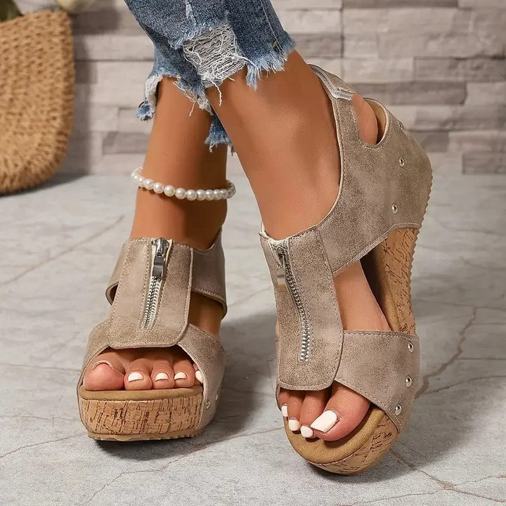 Stylish Retro Wedge Sandals with Zipper