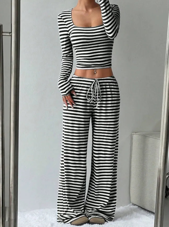 Casual Slim Striped Two-Piece Pants Set