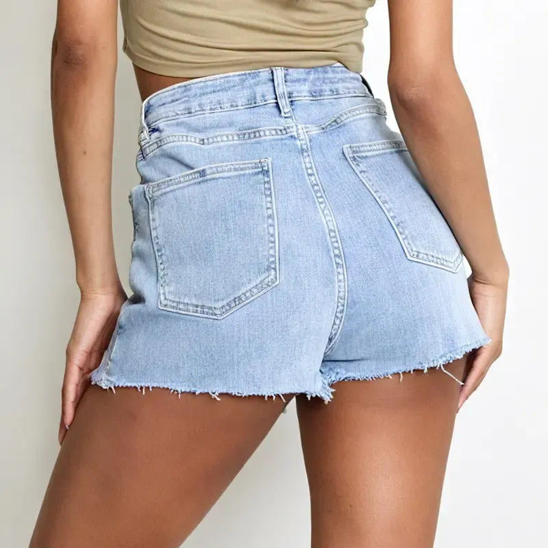 Leisure Layered High Waist Raw Hemline Denim Skorts