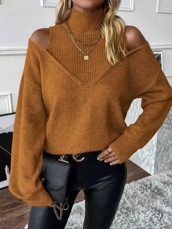 Plain Cut Out High Neck Sweater