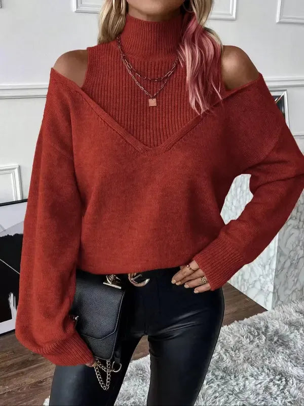Plain Cut Out High Neck Sweater
