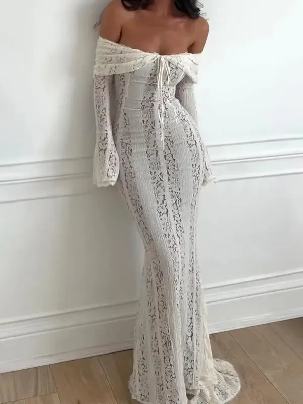 Plain Contrast Lace Off shoulder Dress