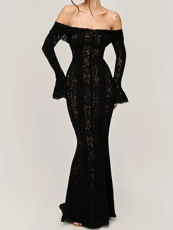 Plain Contrast Lace Off shoulder Dress