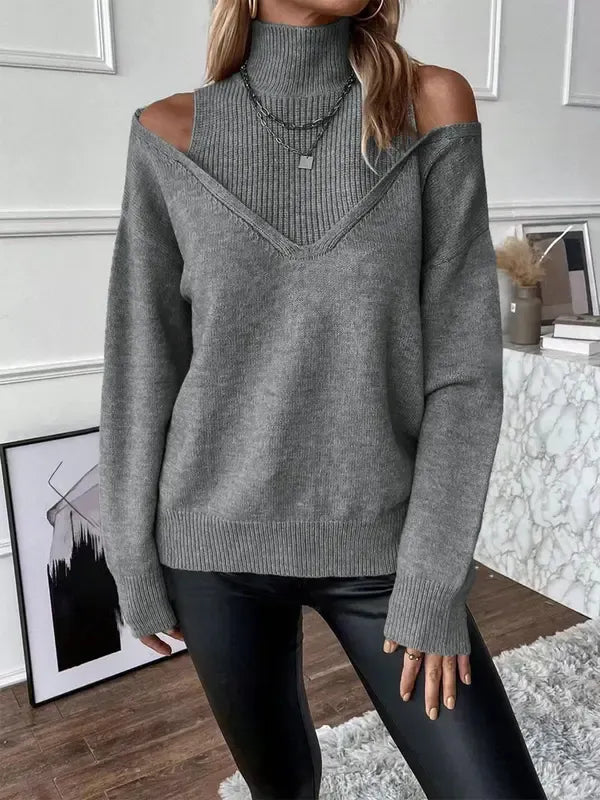 Plain Cut Out High Neck Sweater