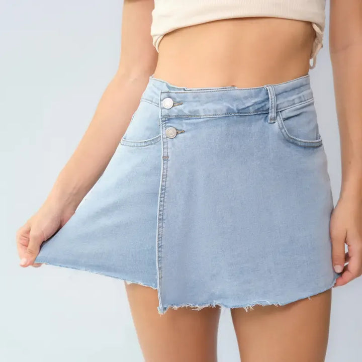 Leisure Layered High Waist Raw Hemline Denim Skorts