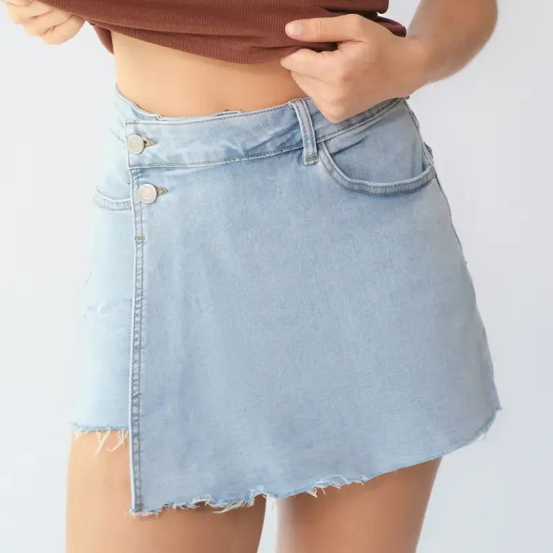 Leisure Layered High Waist Raw Hemline Denim Skorts