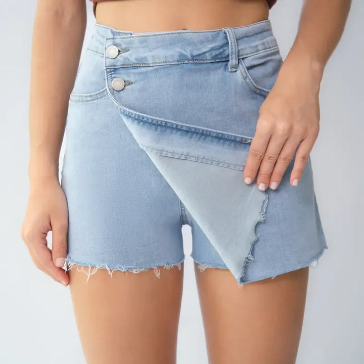 Leisure Layered High Waist Raw Hemline Denim Skorts
