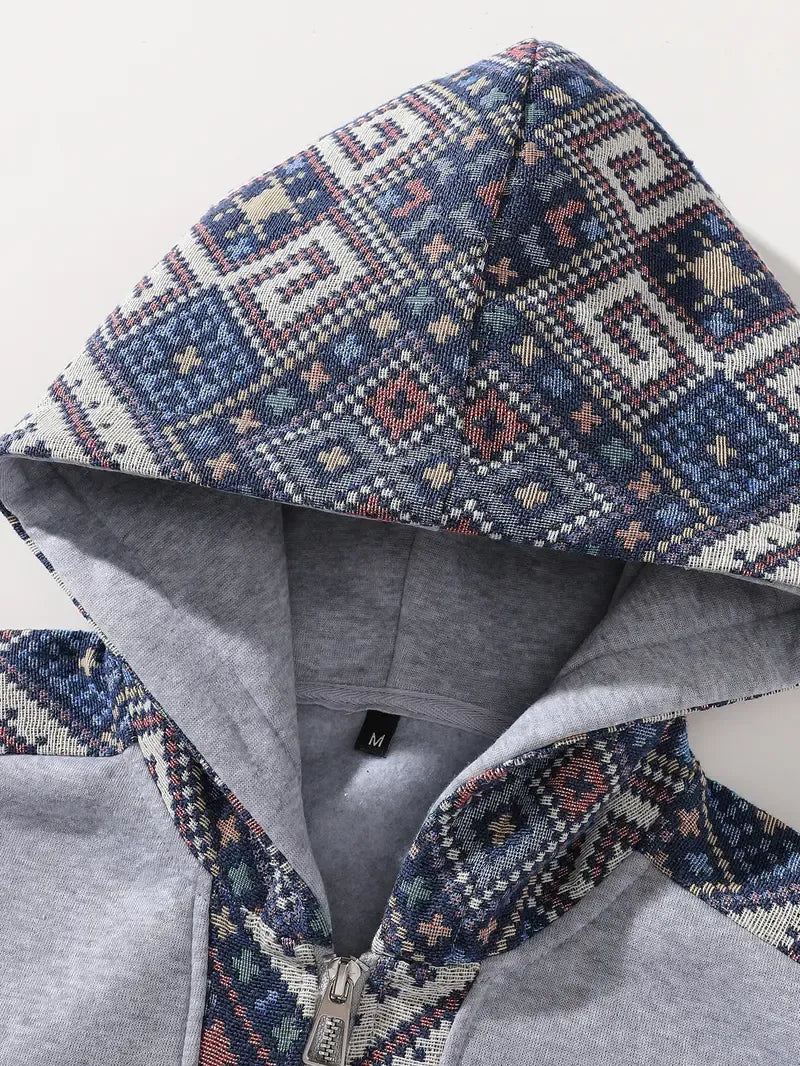 Ethnic Patchwork Half Zip Hoodie