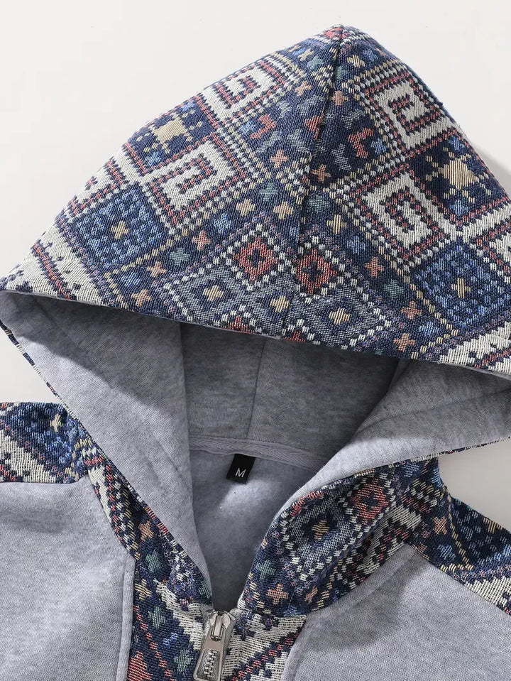Ethnic Patchwork Half Zip Hoodie