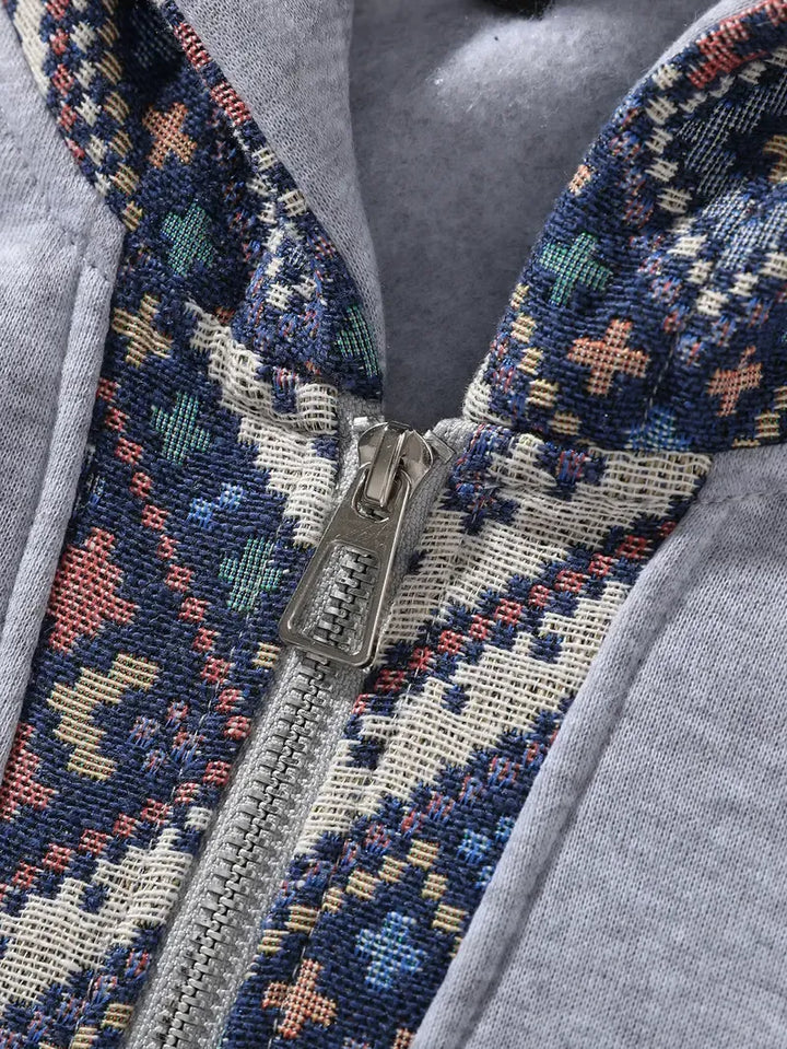 Ethnic Patchwork Half Zip Hoodie