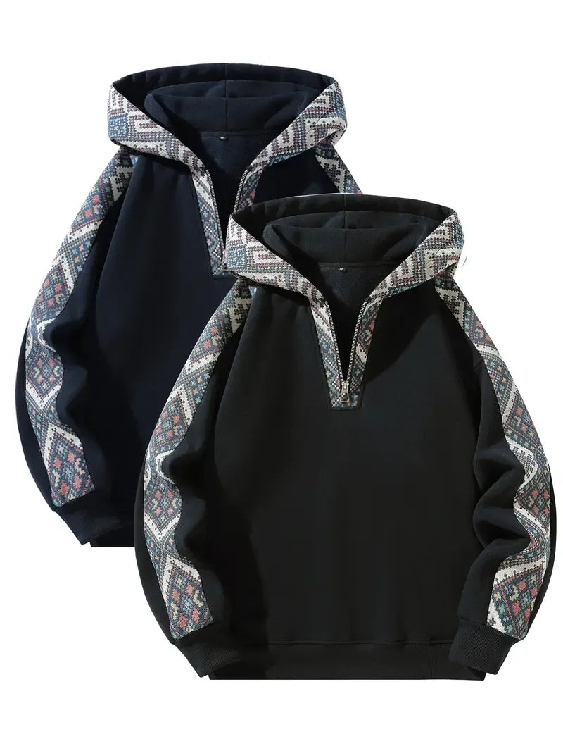 Ethnic Patchwork Half Zip Hoodie