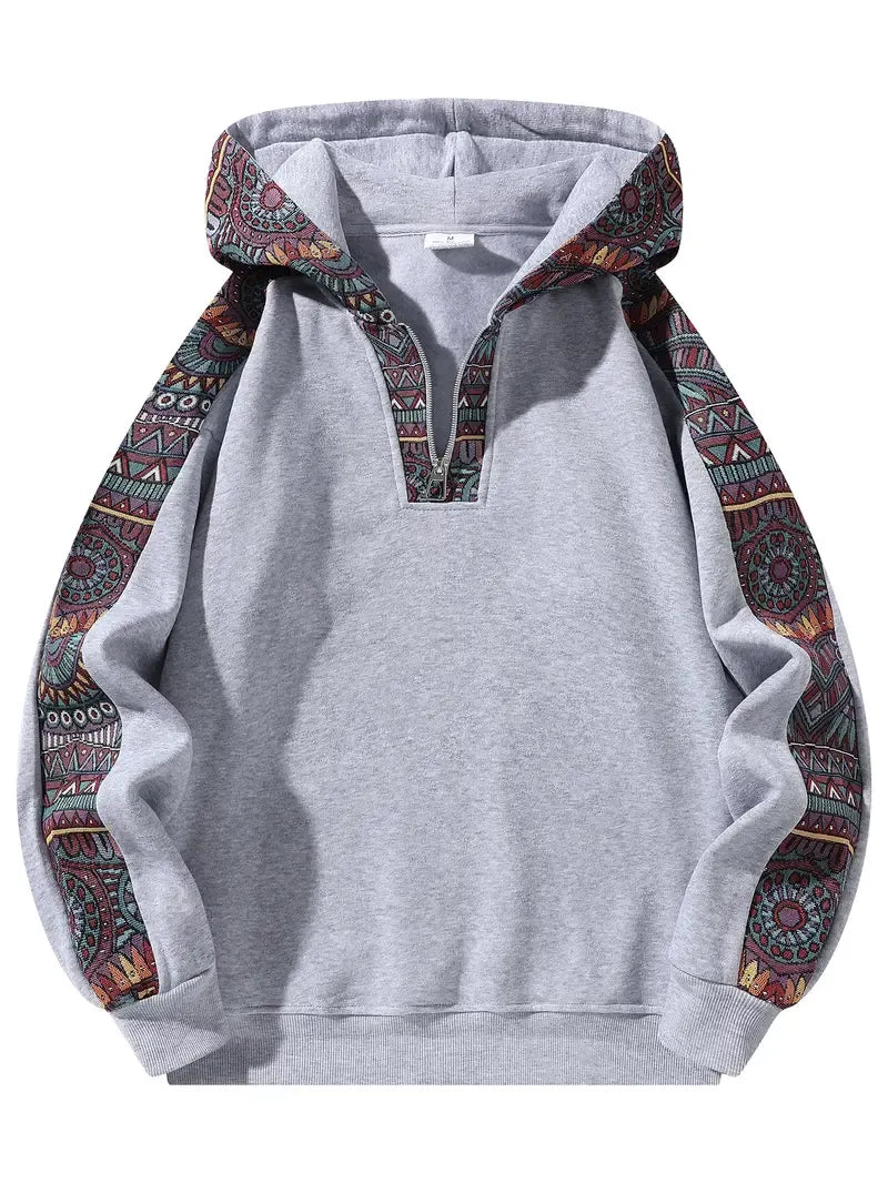 Ethnic Patchwork Half Zip Hoodie