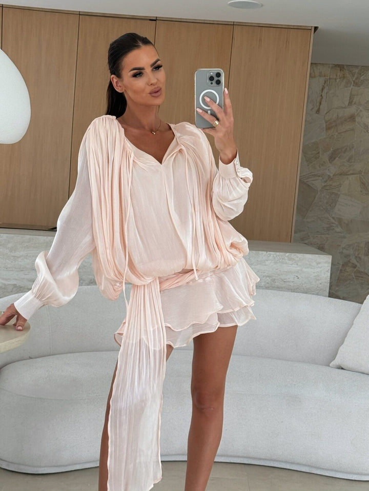 Luna Pleated Lantern Sleeve Mini Dress